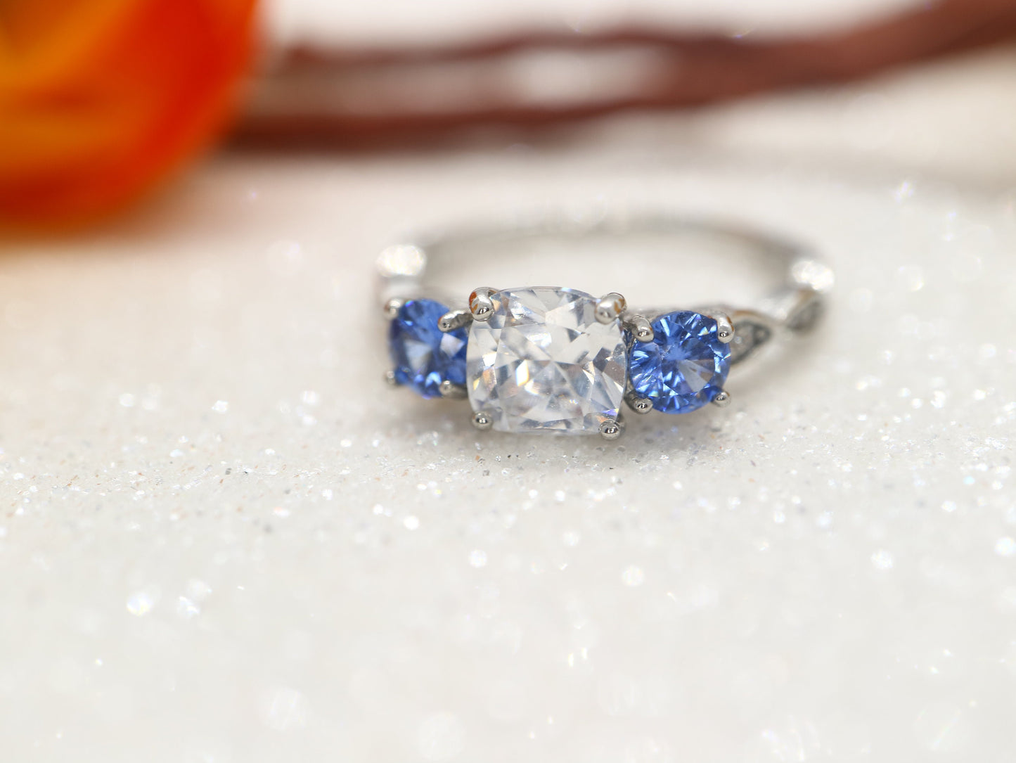 Blue Sapphire and moissanite  ring, Cushion cut Moissante and sapphire engagement ring, antique three stone wedding ring