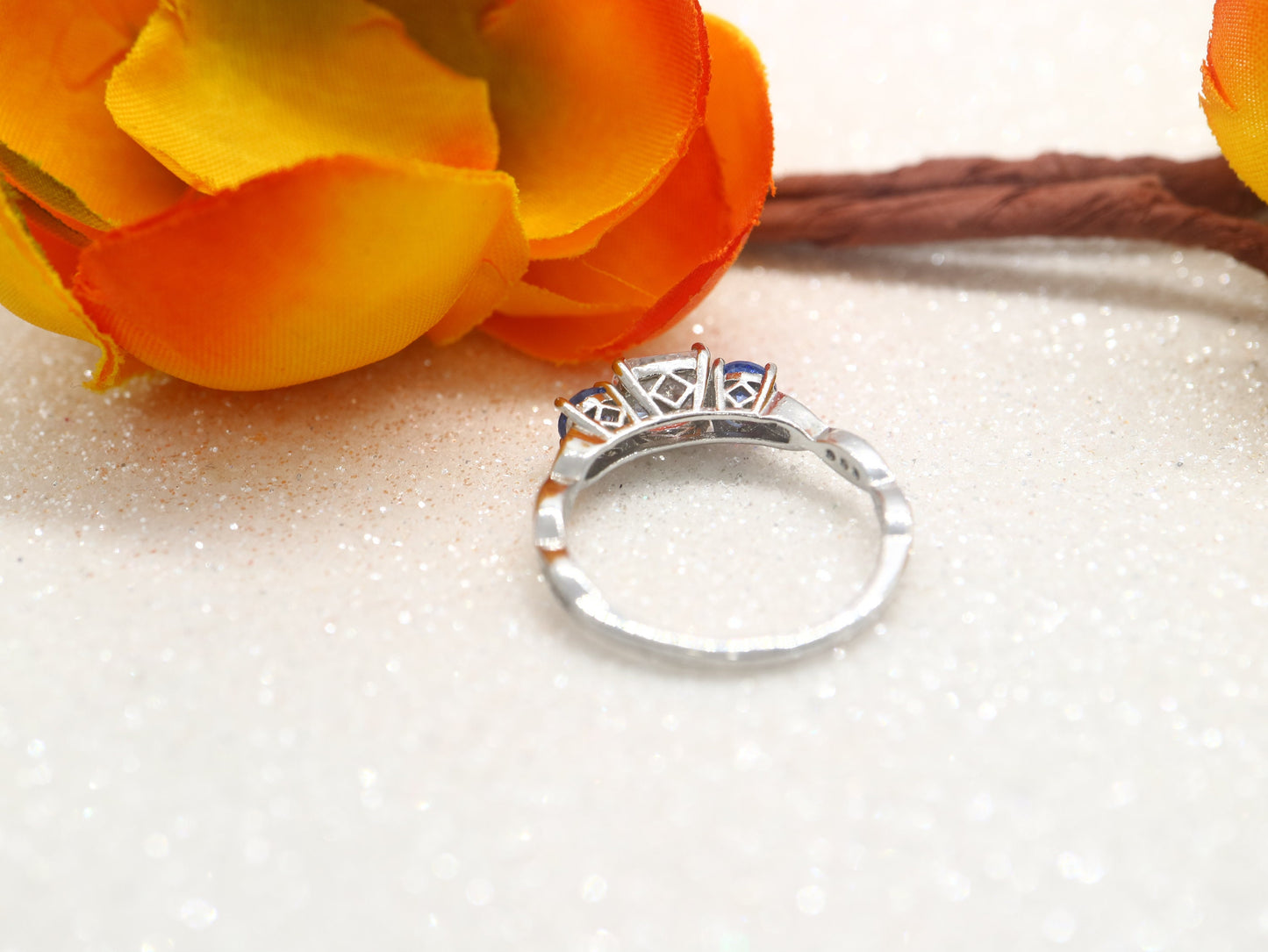 Blue Sapphire and moissanite  ring, Cushion cut Moissante and sapphire engagement ring, antique three stone wedding ring