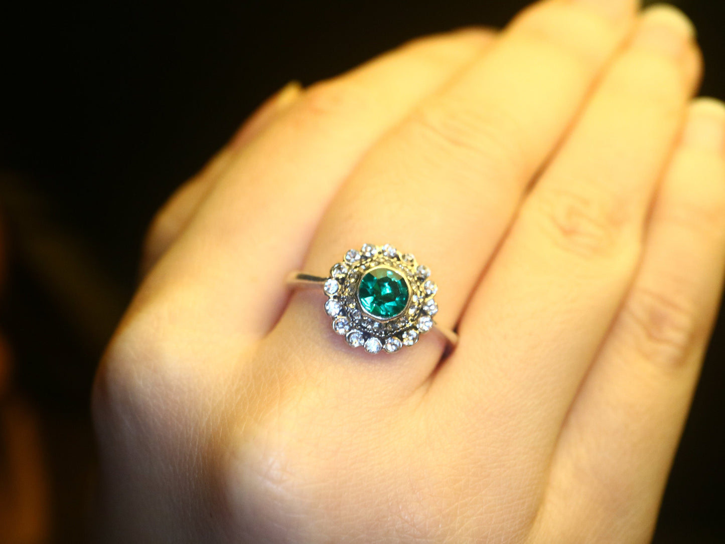 Edwardian style  moissanite diamond engagement ring, Vintage flower emerald engagement ring, Unique engagement ring