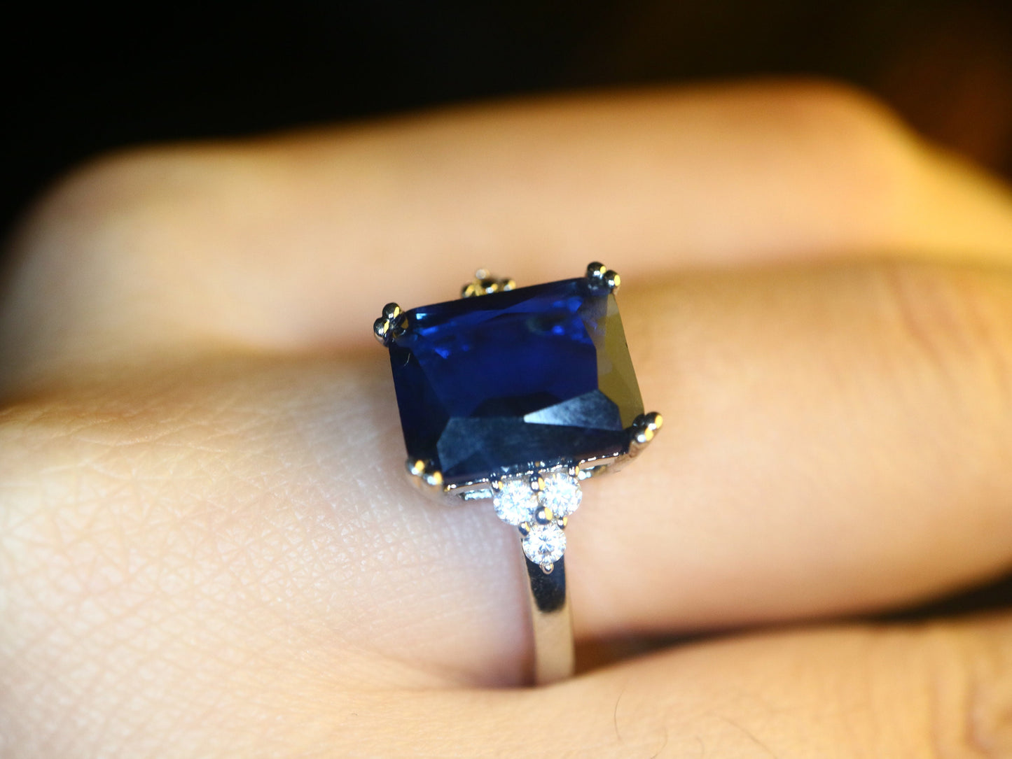 Tanzanite Engagement ring, Tanzanite ring with diamonds, emerald cut three stone cluster ring, purple blue stone, december birthsone