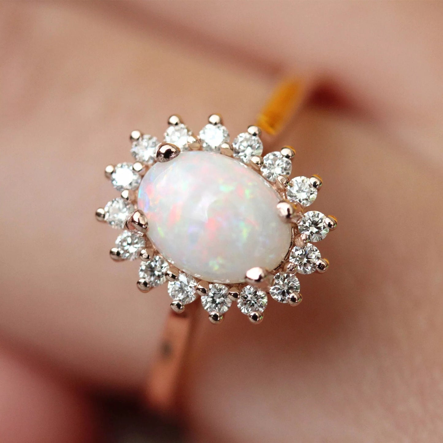 14k rose gold opal and moissanite diamond ring,  Engagement ring, Wedding ring, Anniversary ring