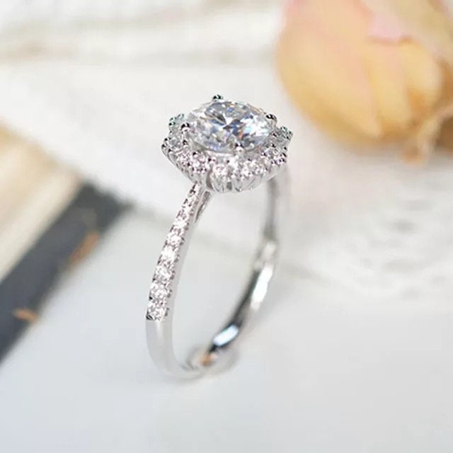 Moissanite diamond halo engagement ring, snowflake moissanite ring, Annivesary ring, Engagement wedding ring