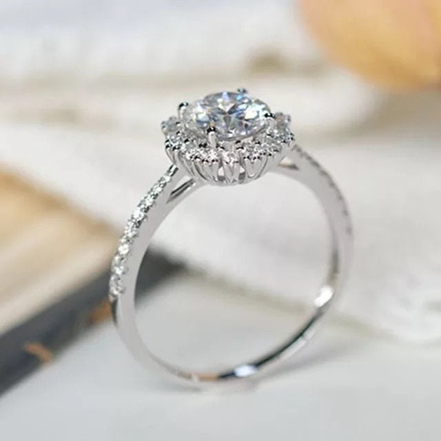 Moissanite diamond halo engagement ring, snowflake moissanite ring, Annivesary ring, Engagement wedding ring