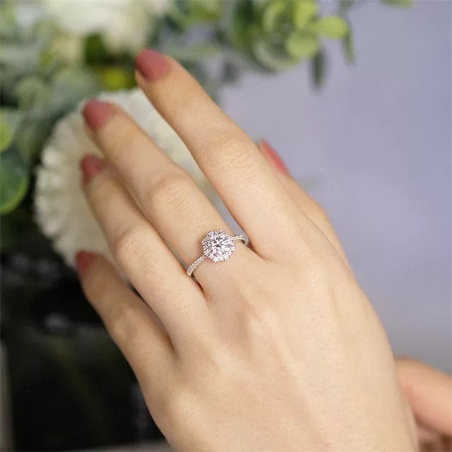 Moissanite diamond halo engagement ring, snowflake moissanite ring, Annivesary ring, Engagement wedding ring