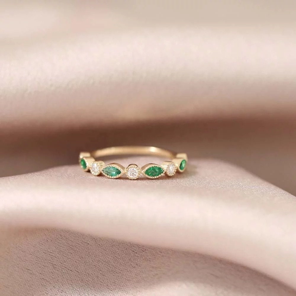 Emerald and moissanite diamond wedding band, Vintage emerald and diamond ring, Yellow gold wedding band, Anniversary ring