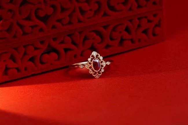 Art Deco garnet and moissanite diamond ring, engagement ring