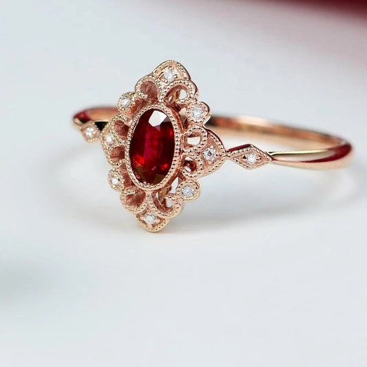 Art Deco garnet and moissanite diamond ring, engagement ring