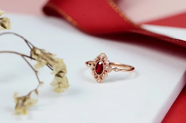 Art Deco garnet and moissanite diamond ring, engagement ring