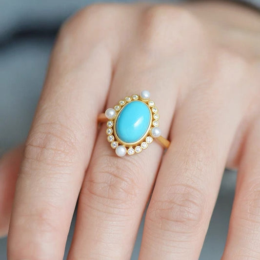 Turquoise engagement ring ring, Yellow gold Pearl halo antique wedding ring, Traditional anniversary retro ring, Anniversary Gift