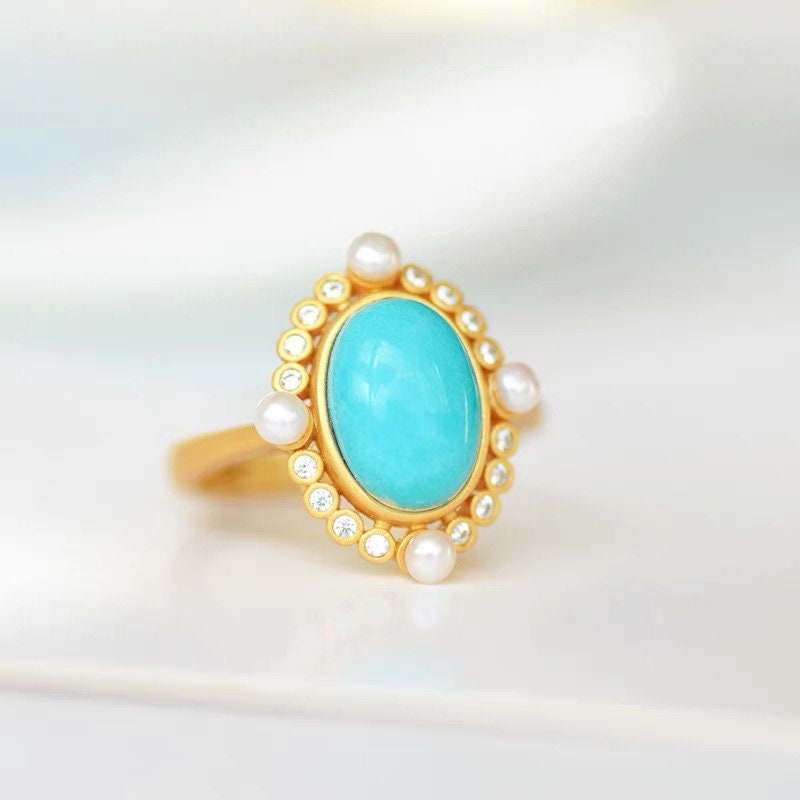 Turquoise engagement ring ring, Yellow gold Pearl halo antique wedding ring, Traditional anniversary retro ring, Anniversary Gift