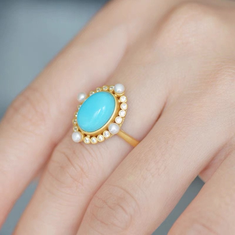 Turquoise engagement ring ring, Yellow gold Pearl halo antique wedding ring, Traditional anniversary retro ring, Anniversary Gift