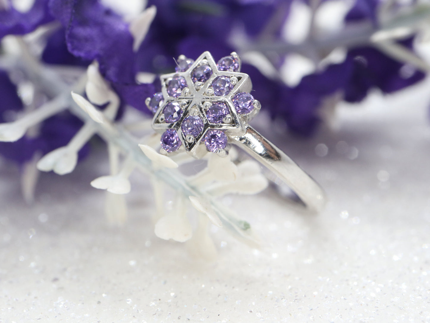 Sterling silver snowflake ring, purple CZ ring