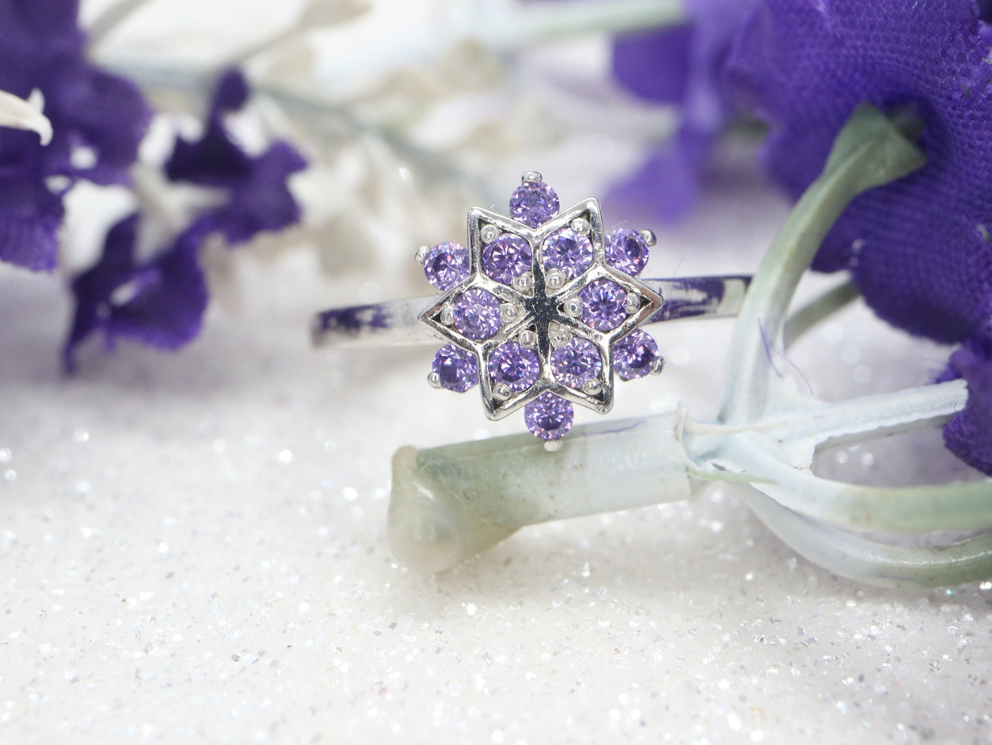 Sterling silver snowflake ring, purple CZ ring