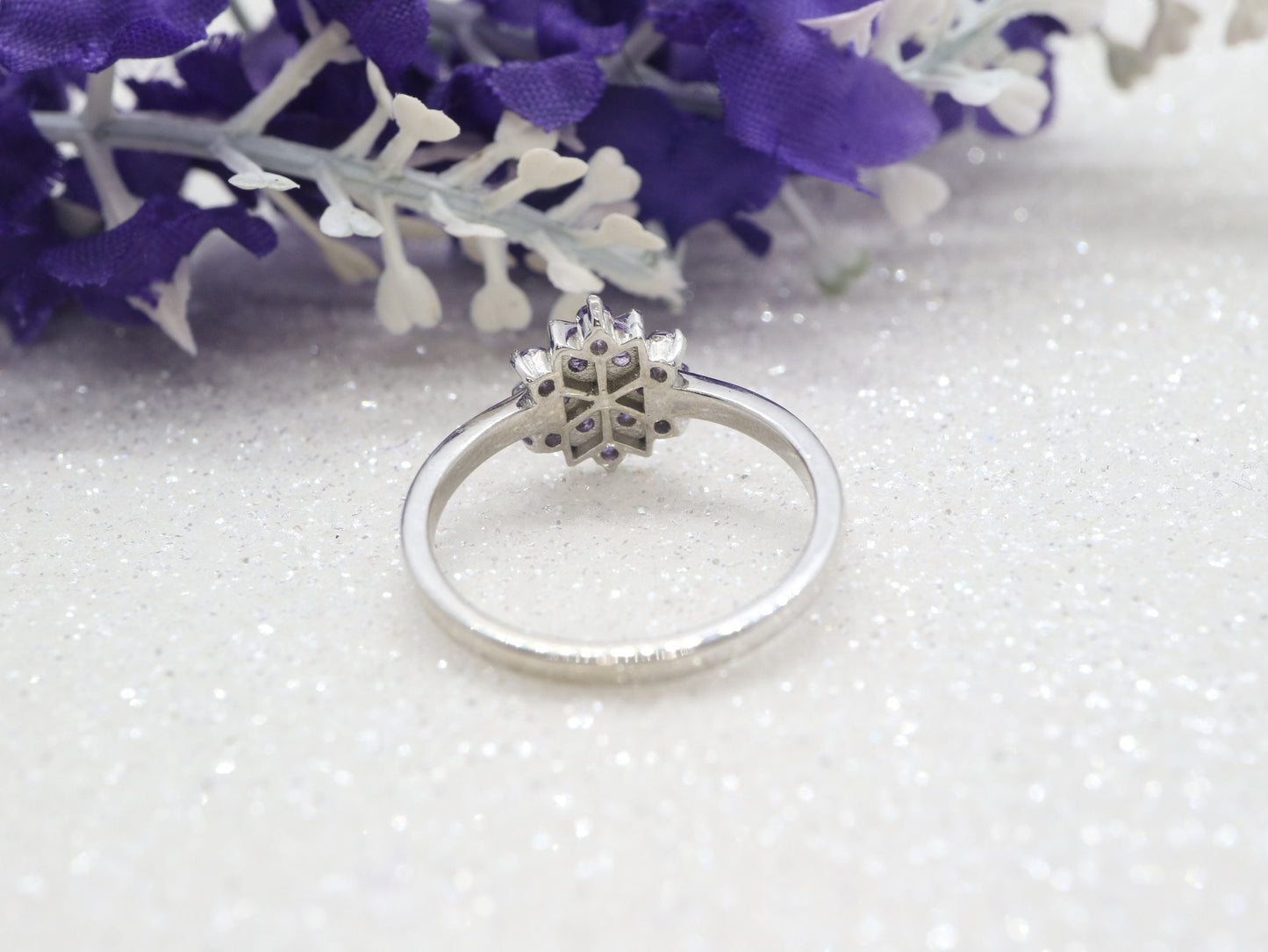 Sterling silver snowflake ring, purple CZ ring