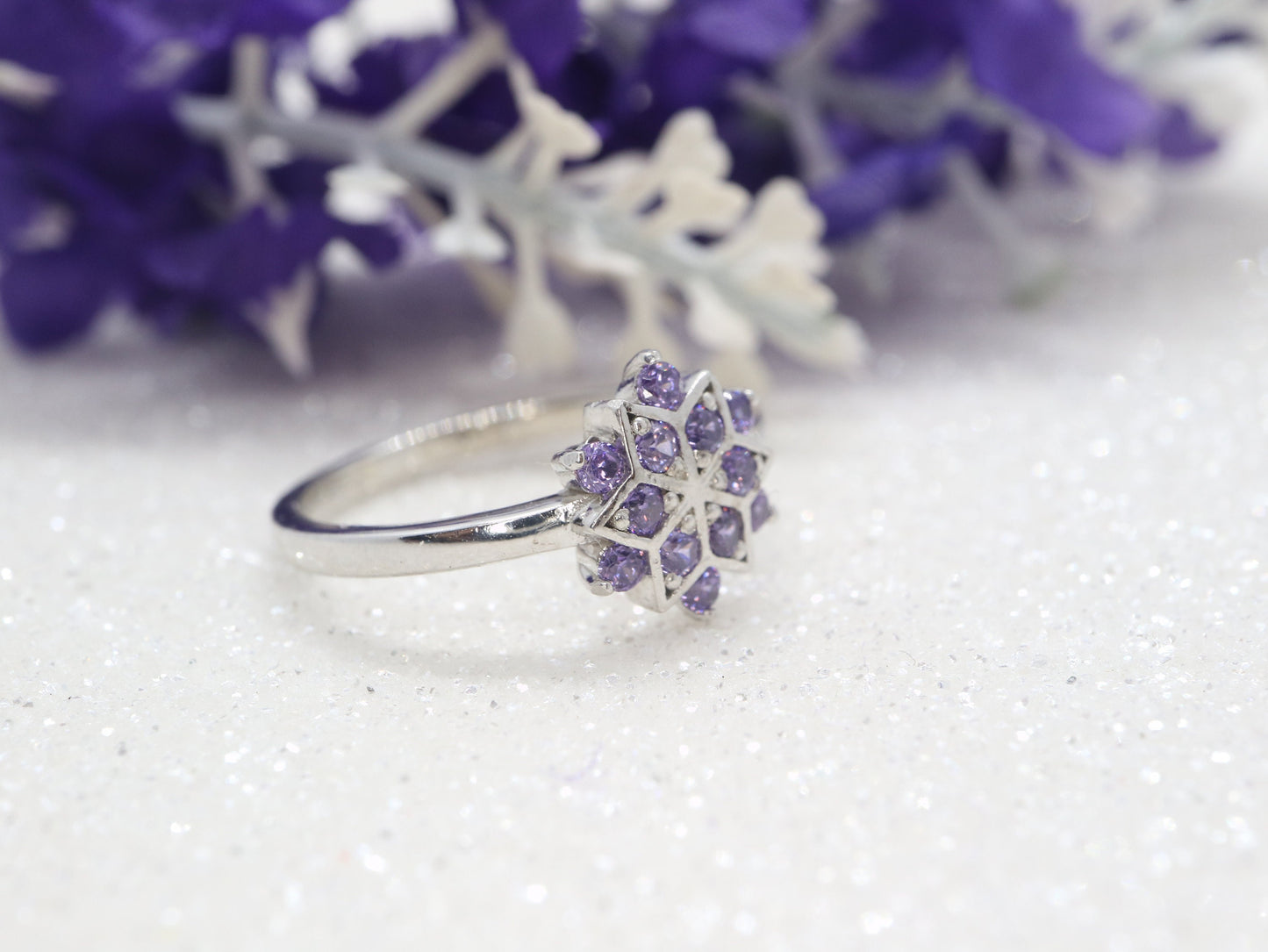 Sterling silver snowflake ring, purple CZ ring