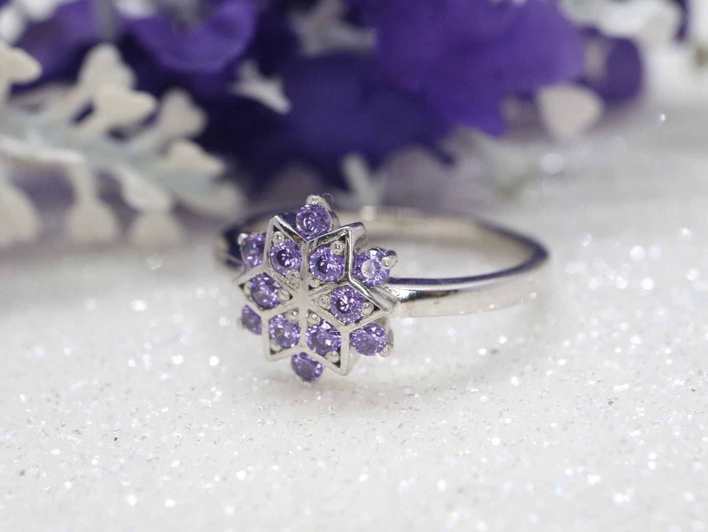 Sterling silver snowflake ring, purple CZ ring