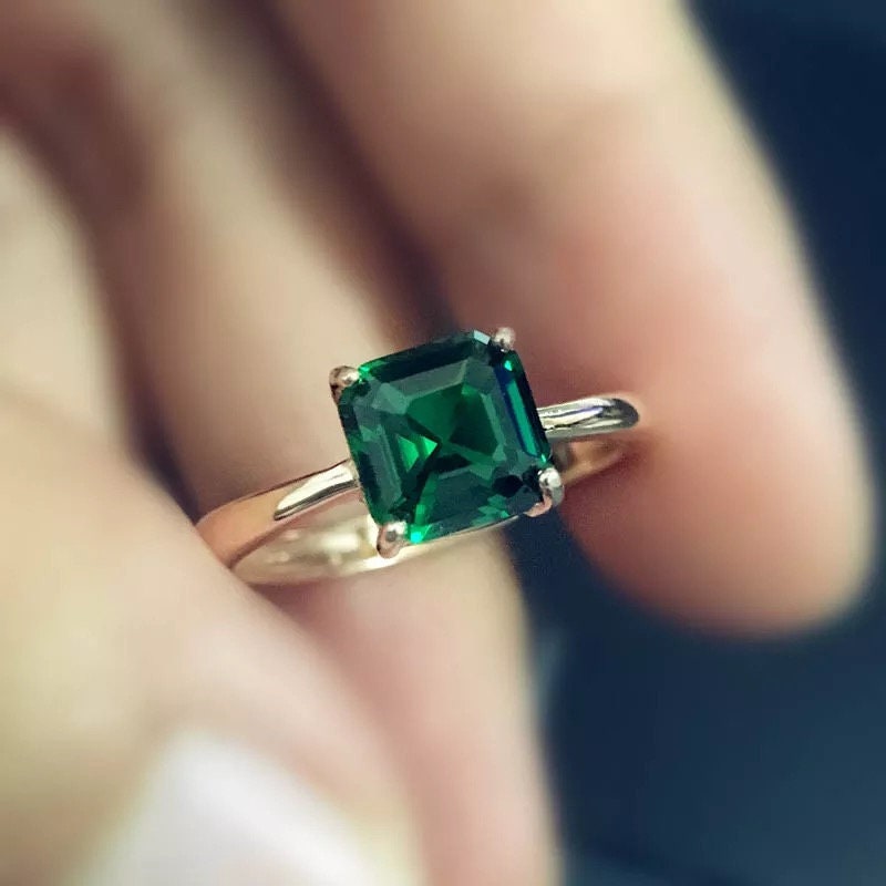 14k gold emerald engagement ring, solitaire emerald ring