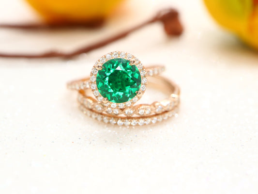 Round emerald halo ring set, Vintage emerald bridal ring set 3 pic, Anniversary promise ring gift