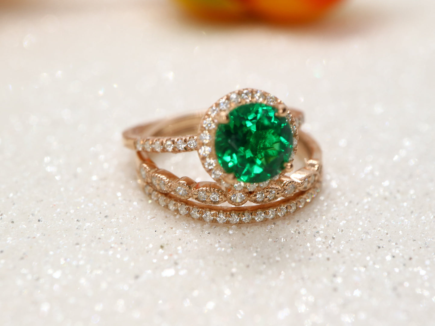 Round emerald halo ring set, Vintage emerald bridal ring set 3 pic, Anniversary promise ring gift