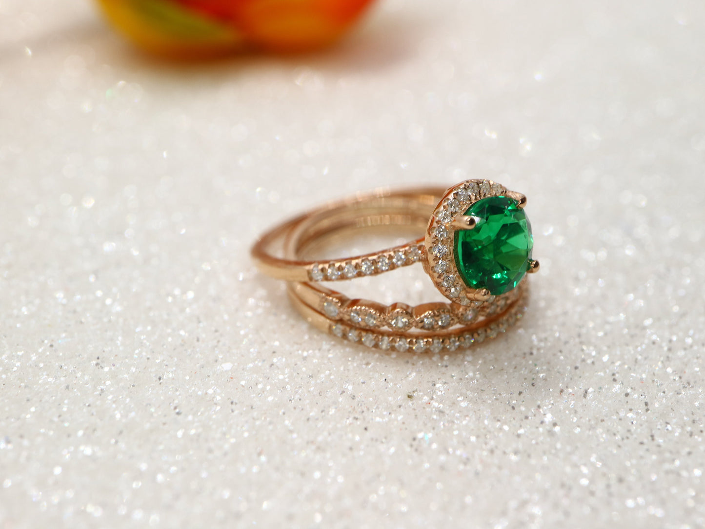 Round emerald halo ring set, Vintage emerald bridal ring set 3 pic, Anniversary promise ring gift