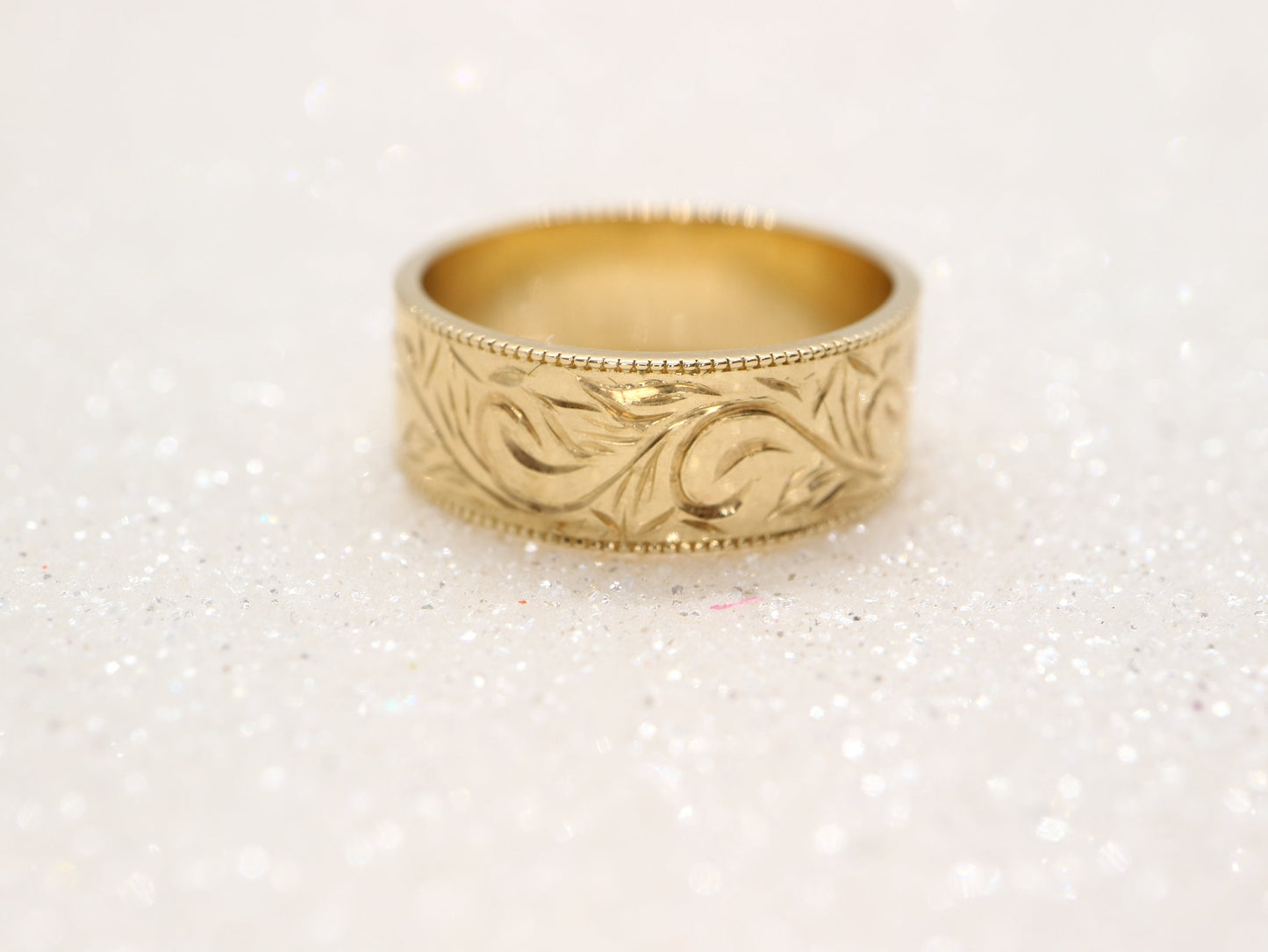 Men's wedding band, Hand engraved Men's ring, Milgrain band, 14k Yellow gold vintage  floral design wedding band, Art deco  Men's ring 7mm