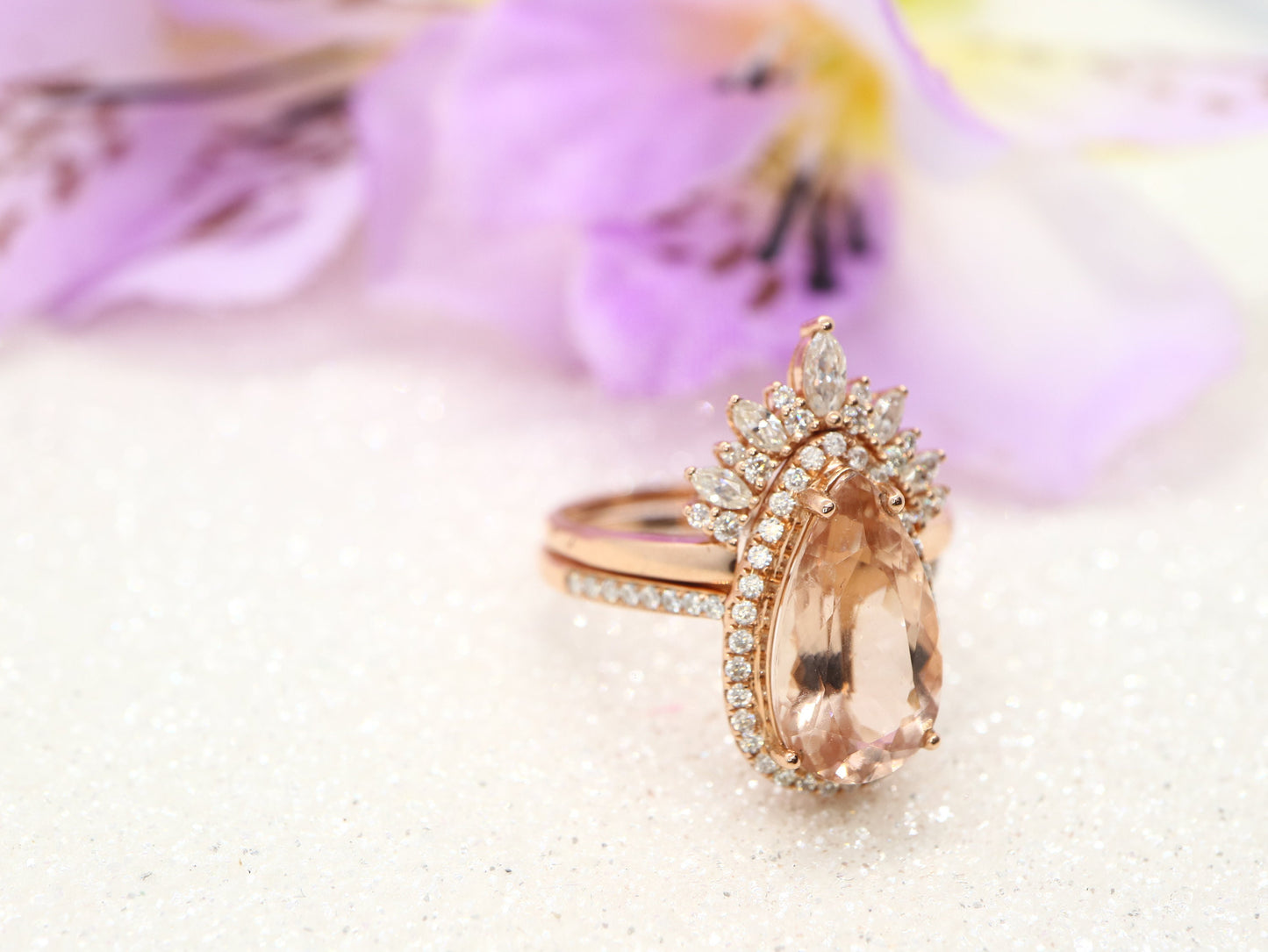 Cluster Engagement Ring Set, Rose gold2.7ct ring, Pear Shaped Morganite Engagement Ring, Unique Bridal Set, Stacking Ring, Antique Ring 2pcs