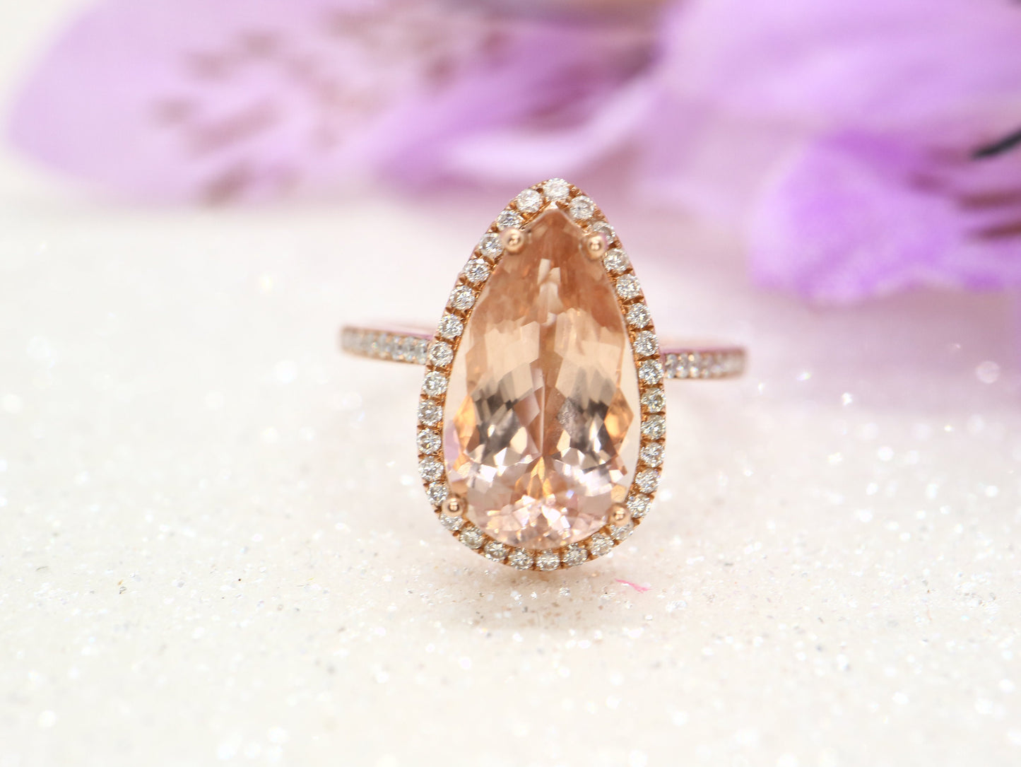 Pear shaped morganite  and moissanite diamond ring, rose gold engagement ring