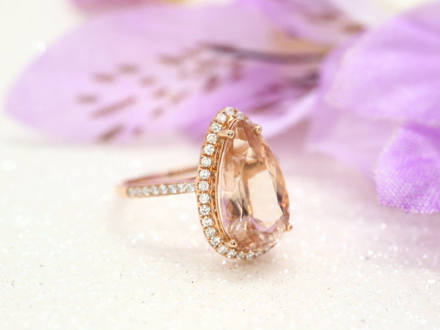 Pear shaped morganite  and moissanite diamond ring, rose gold engagement ring