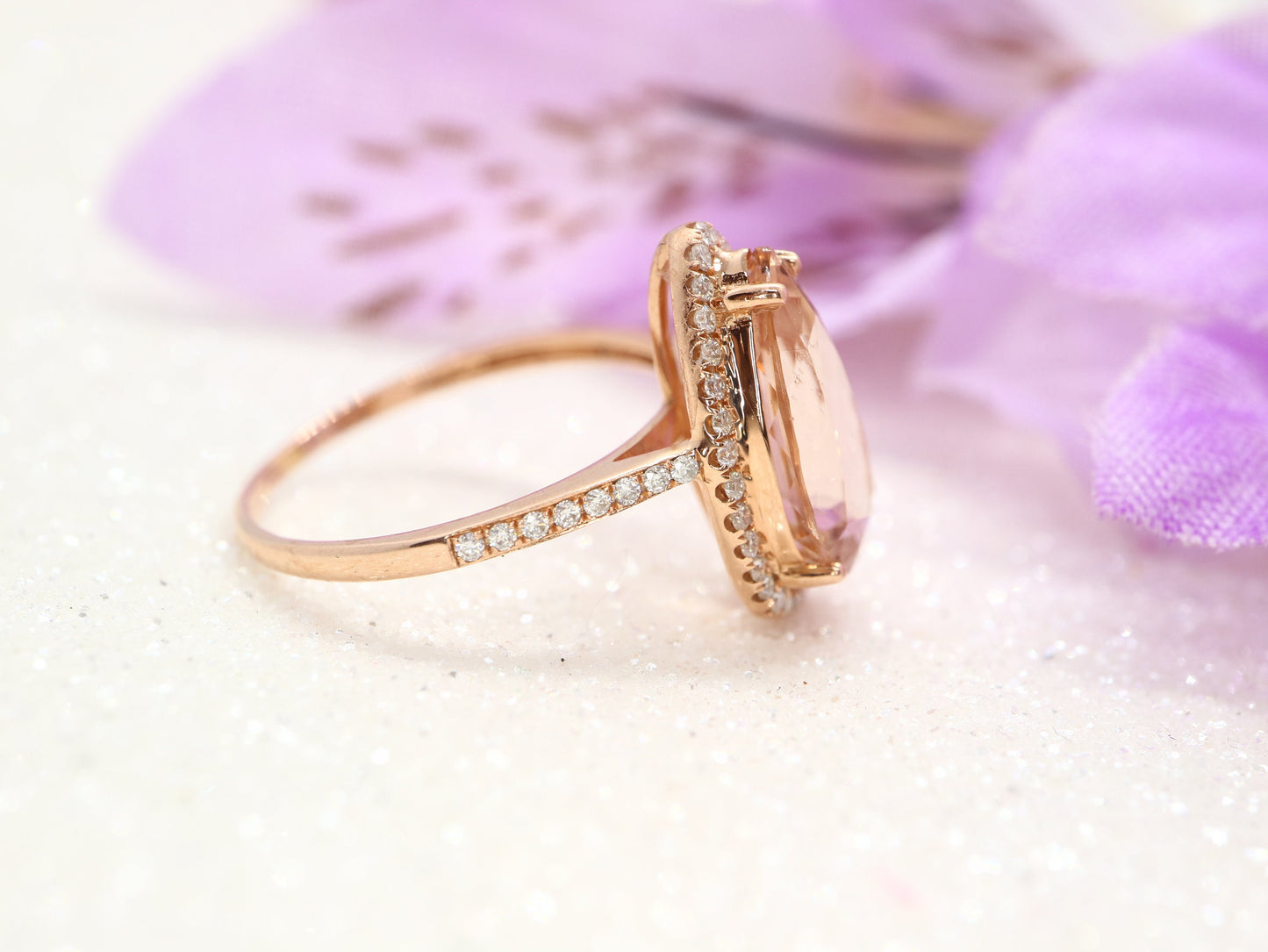 Pear shaped morganite  and moissanite diamond ring, rose gold engagement ring