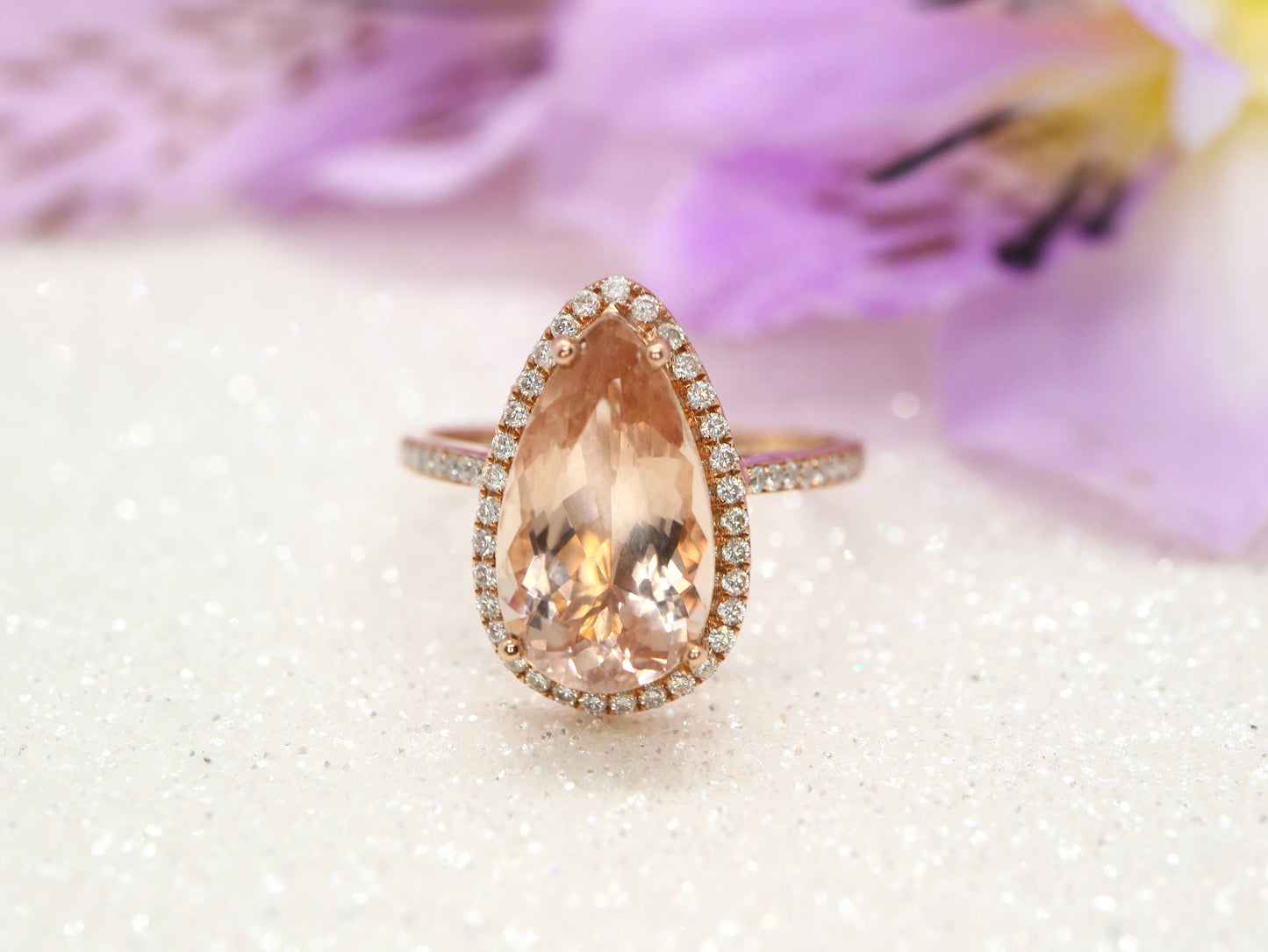 Pear shaped morganite  and moissanite diamond ring, rose gold engagement ring