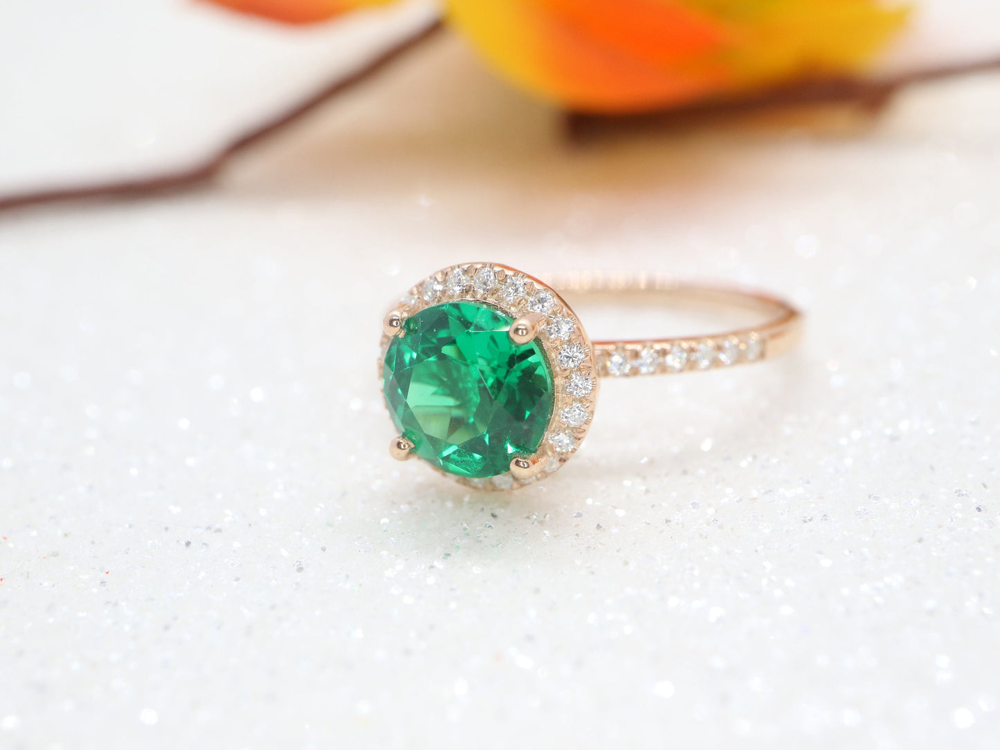 Emerald halo  engagement ring, Handmade jewelry, Women white gold antique ring, Ring gift for her