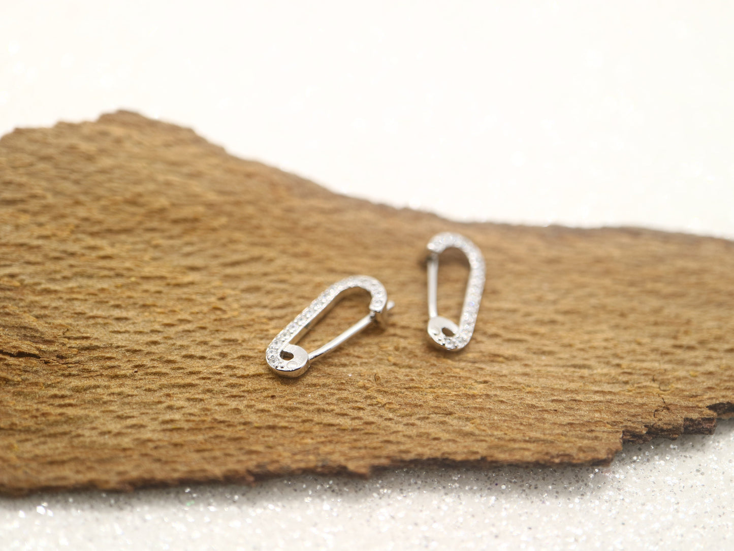 Sterling silver safe pin earring, white gold plated earring