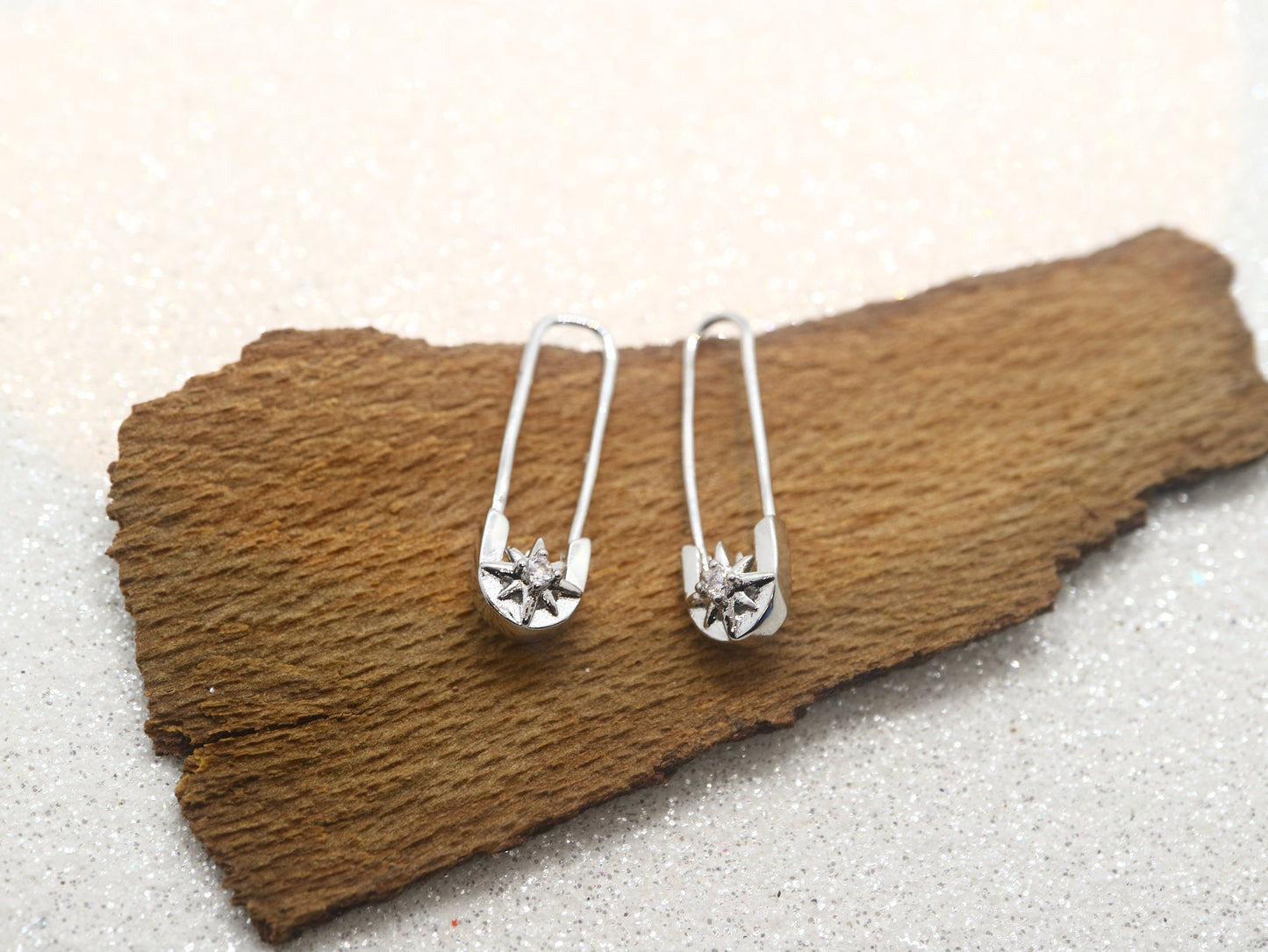 Sterling silver North Star earring, safety pin CZ earring