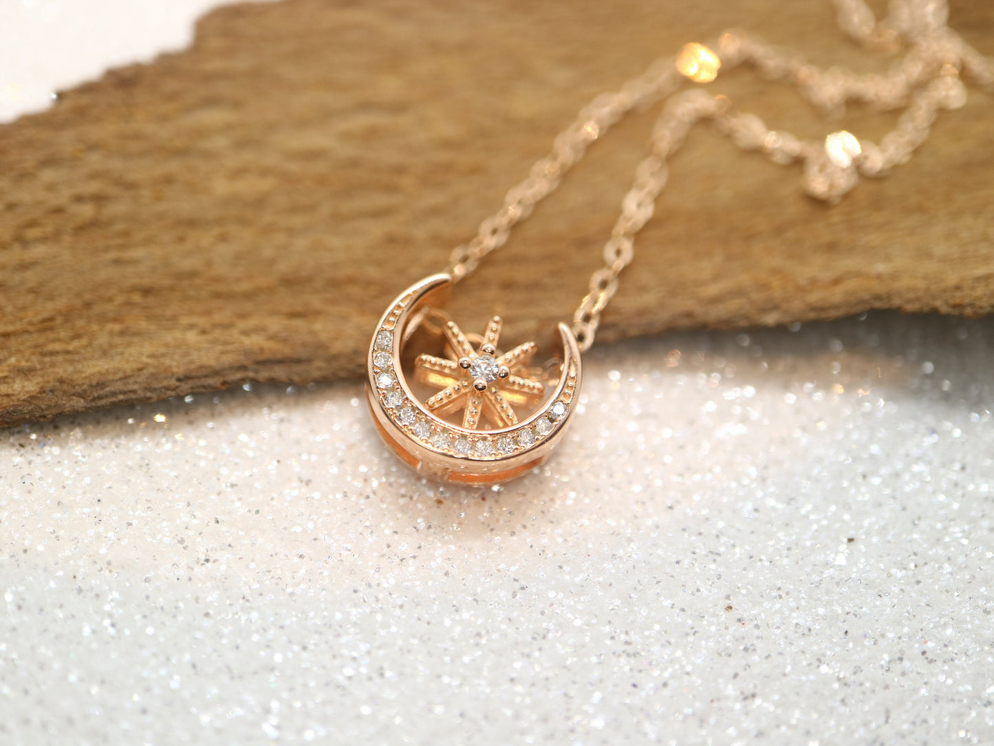 Sterling silver star moon necklace, Rose gold plated necklace