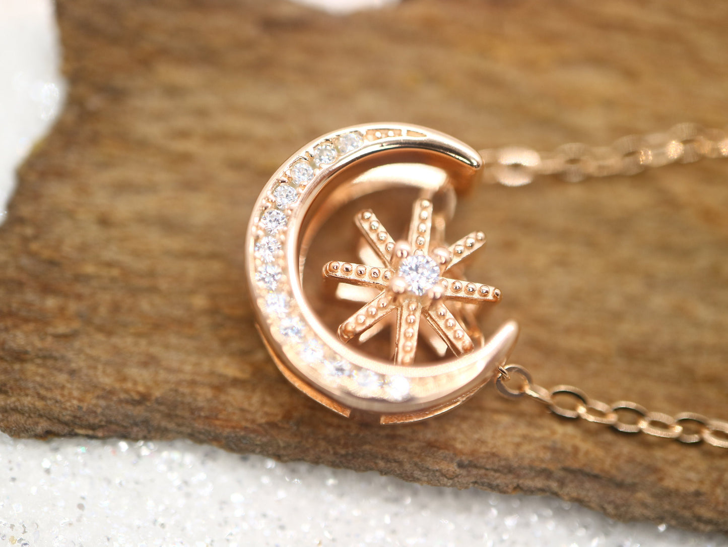 Sterling silver star moon necklace, Rose gold plated necklace