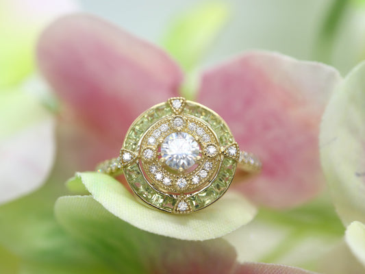 Art Deco moissanite and peridot halo ring, Annivery ring, vintage gold ring