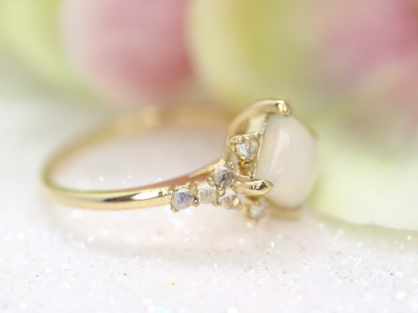 Opal in moonstone setting, 14k gold opal with moonstone cluster ring