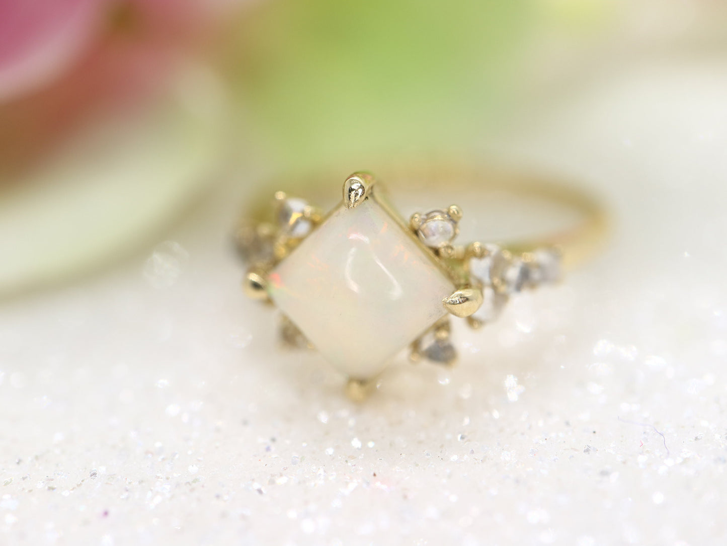 Opal in moonstone setting, 14k gold opal with moonstone cluster ring