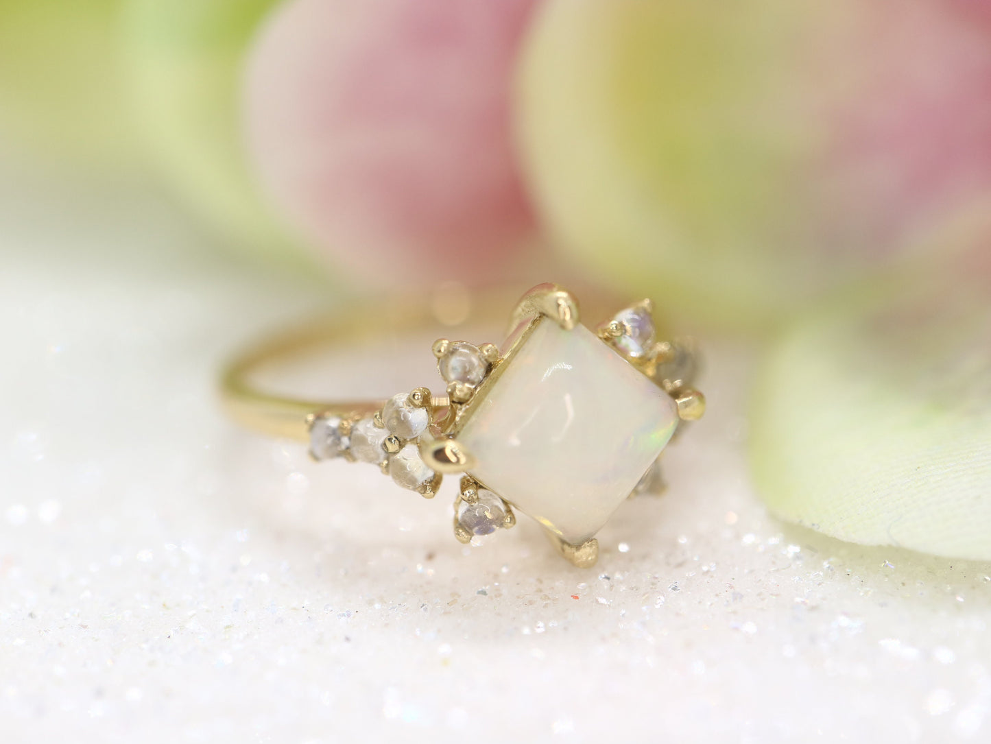 Opal in moonstone setting, 14k gold opal with moonstone cluster ring