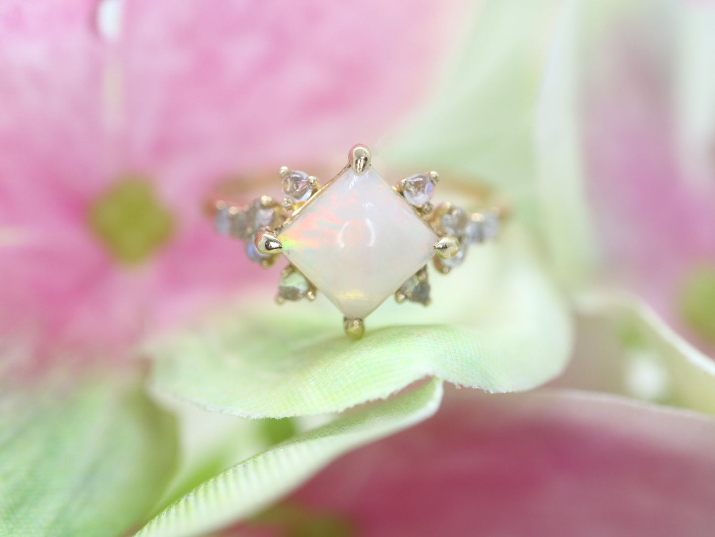 Opal in moonstone setting, 14k gold opal with moonstone cluster ring