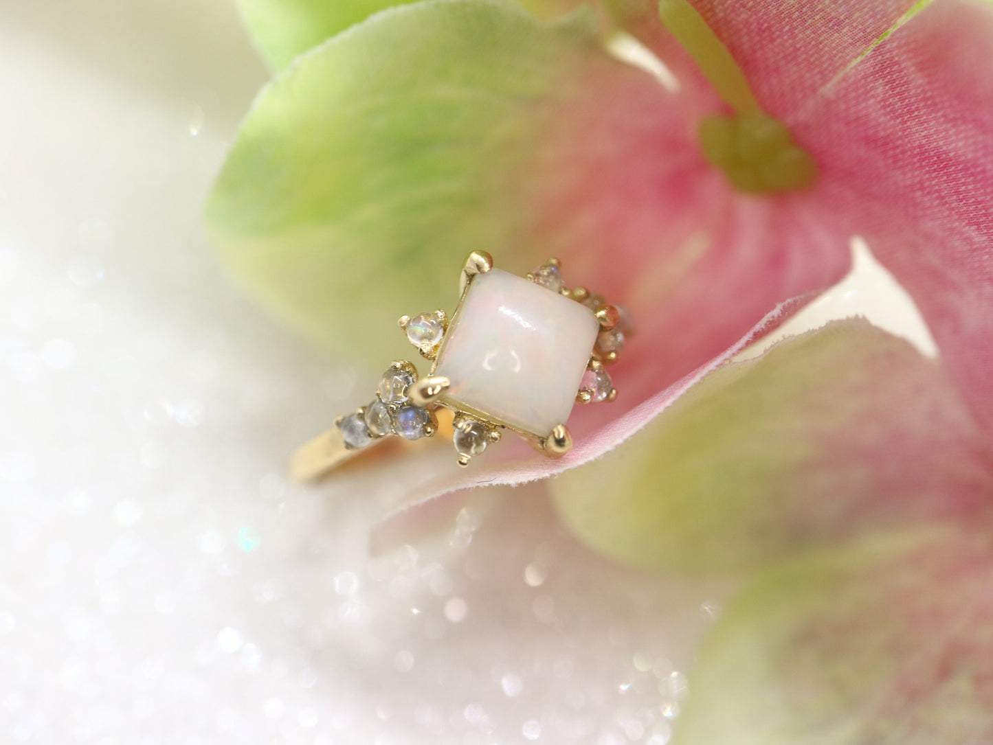 Opal in moonstone setting, 14k gold opal with moonstone cluster ring