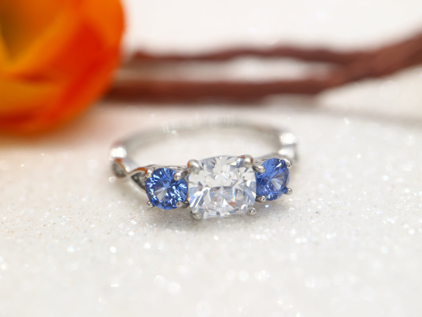 Blue Sapphire and moissanite  ring, Cushion cut Moissante and sapphire engagement ring, antique three stone wedding ring