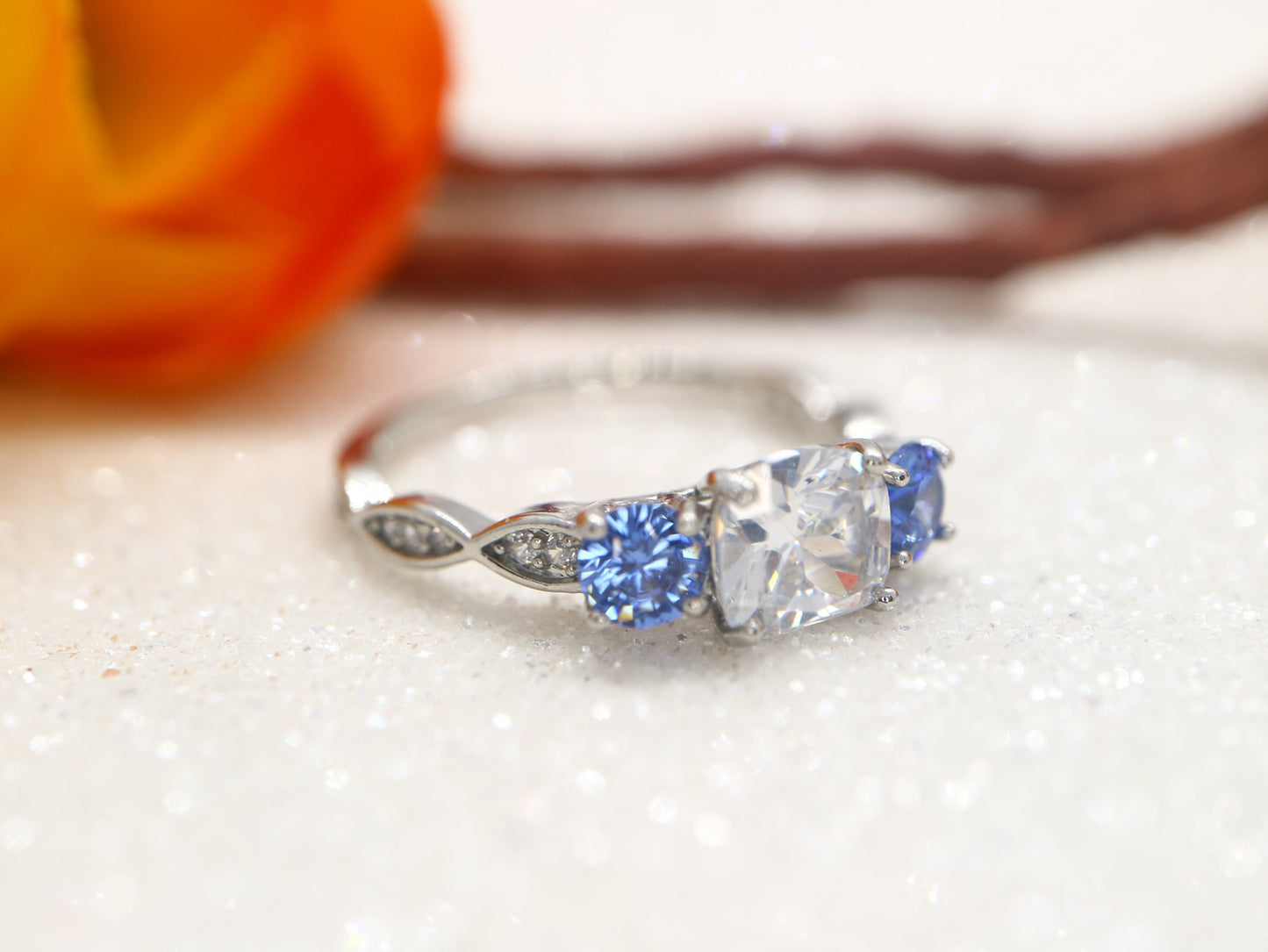 Blue Sapphire and moissanite  ring, Cushion cut Moissante and sapphire engagement ring, antique three stone wedding ring