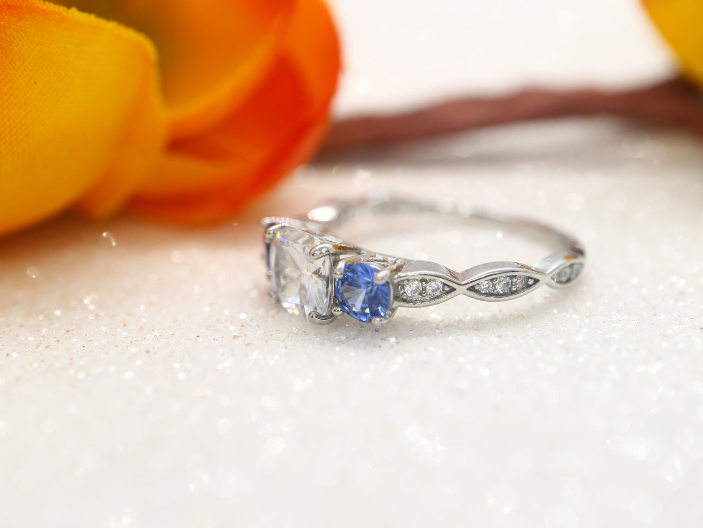 Blue Sapphire and moissanite  ring, Cushion cut Moissante and sapphire engagement ring, antique three stone wedding ring