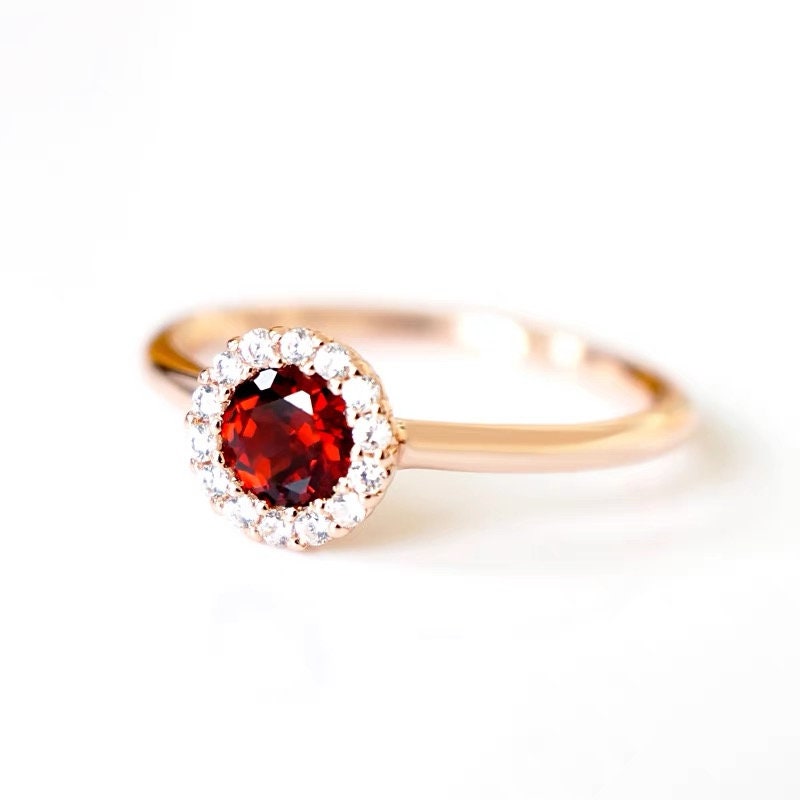 Rose gold garnet  engagement ring, Diamond halo garnet engagement, Anniversary ring