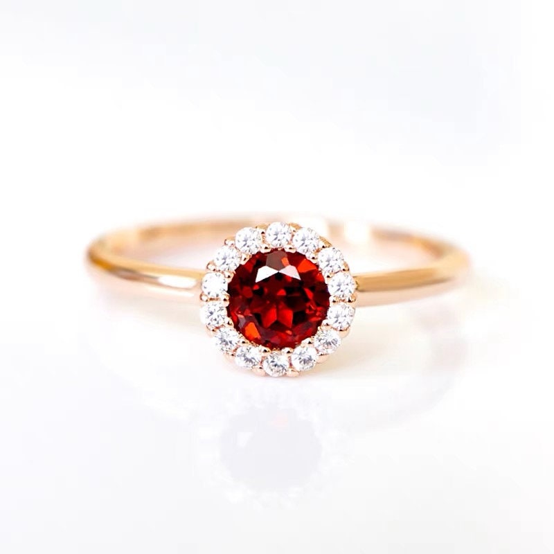 Rose gold garnet  engagement ring, Diamond halo garnet engagement, Anniversary ring