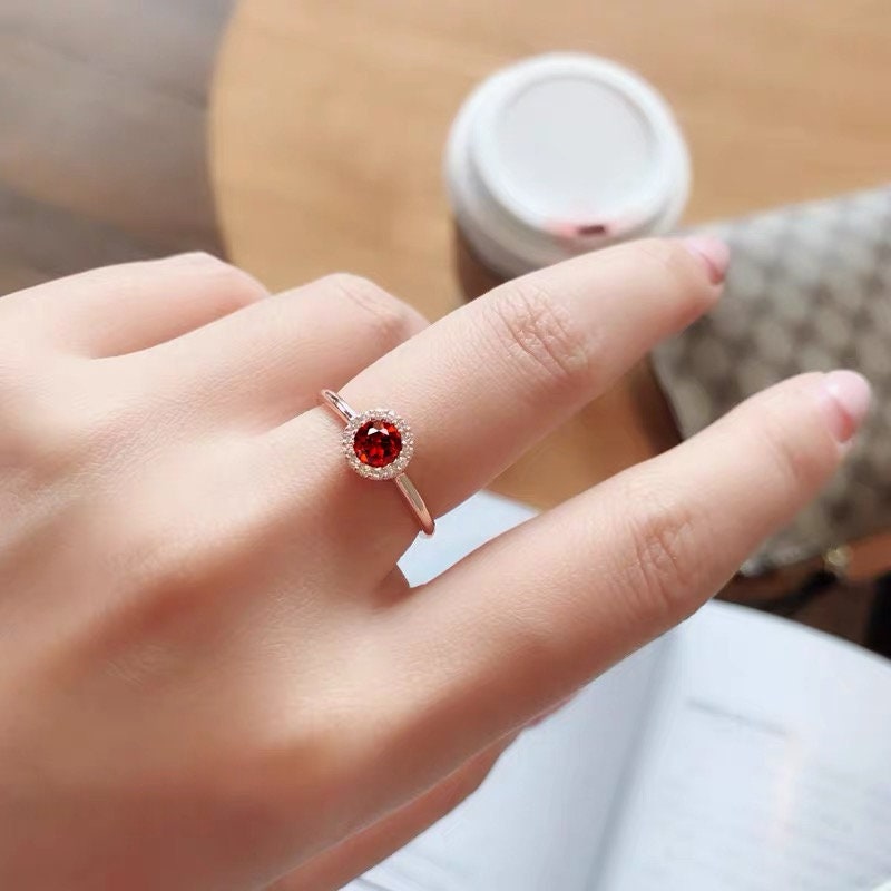 Rose gold garnet  engagement ring, Diamond halo garnet engagement, Anniversary ring