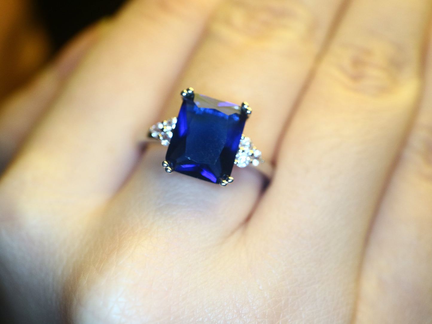 Tanzanite Engagement ring, Tanzanite ring with diamonds, emerald cut three stone cluster ring, purple blue stone, december birthsone