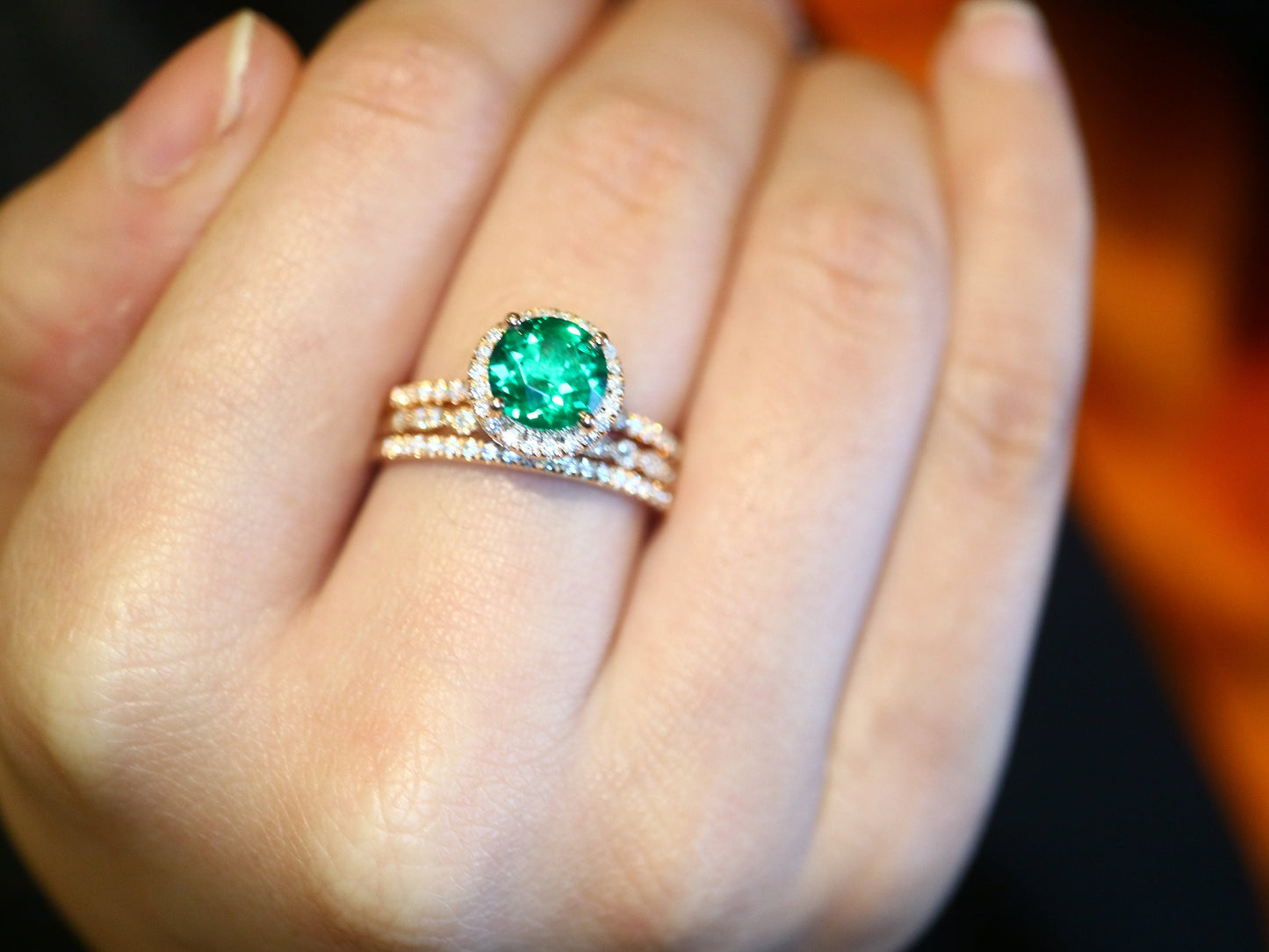 Round emerald halo ring set, Vintage emerald bridal ring set 3 pic, Anniversary promise ring gift