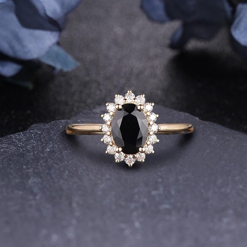 14K solid gold 1.5ct oval cut natural black agate engagement ring, Wedding ring